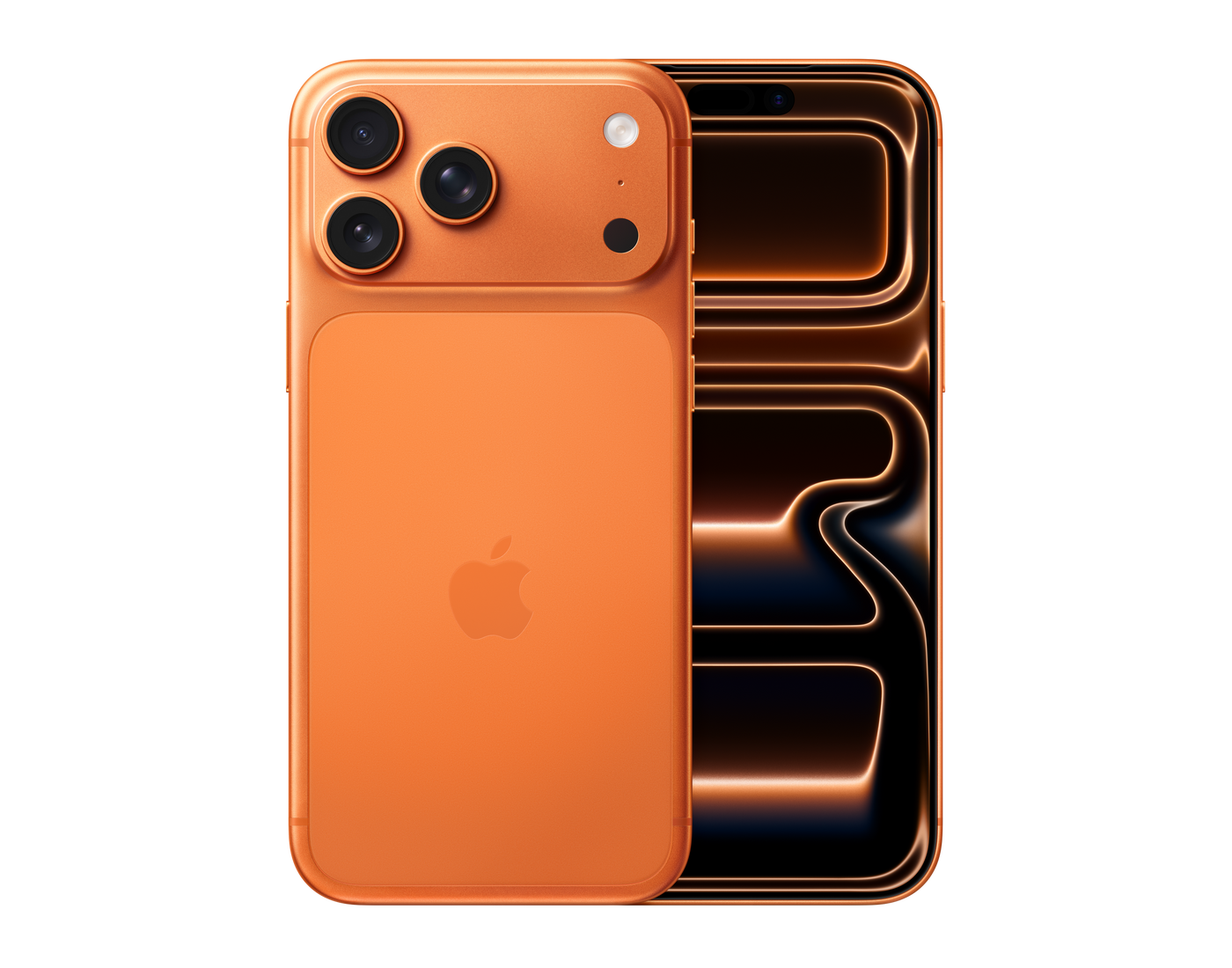 نمای جلو و پشت iPhone 17 Pro Max در رنگ Cosmic Orange